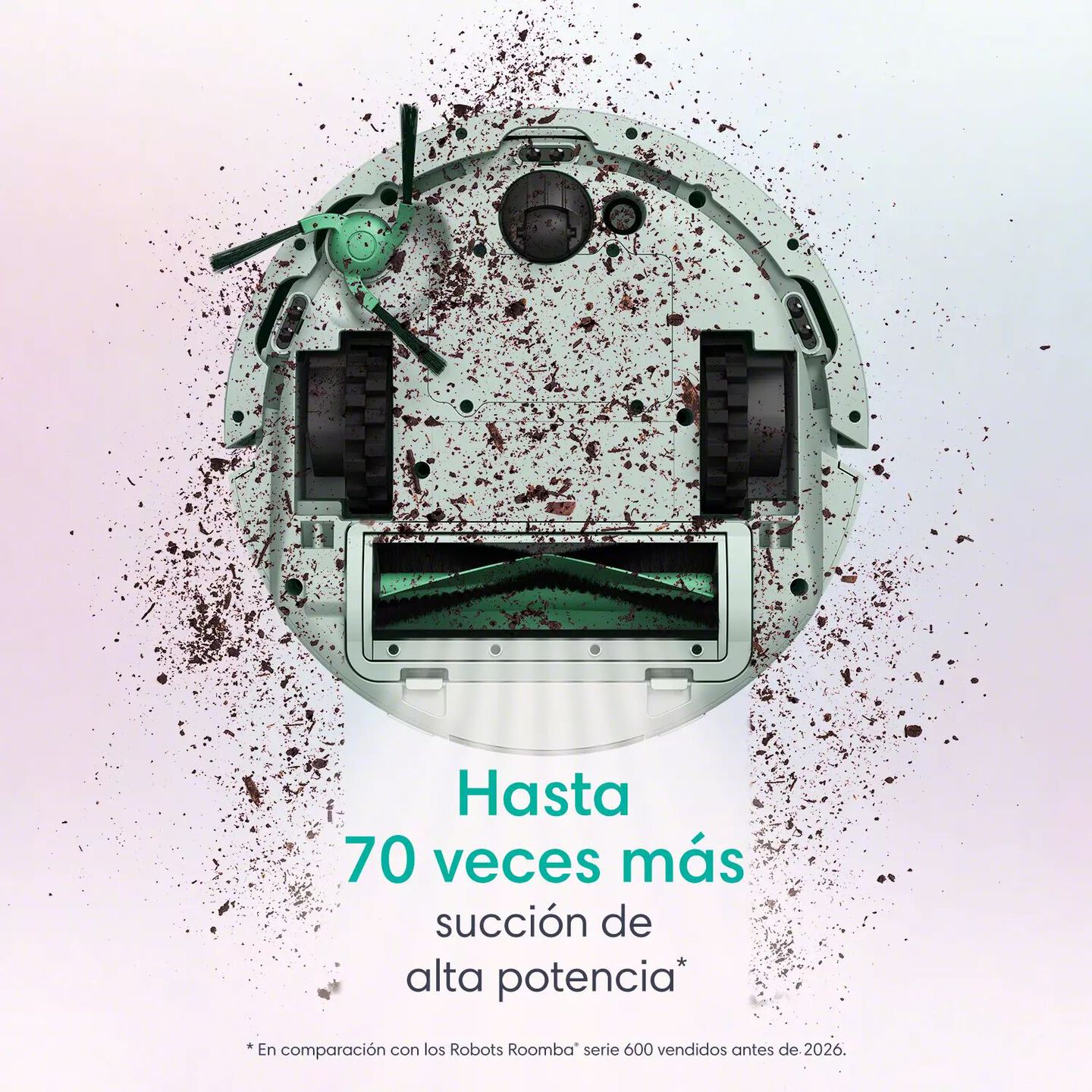 Parte inferior del Roomba Mini en menta, 70&nbsp;veces m&aacute;s de potencia de succi&oacute;n