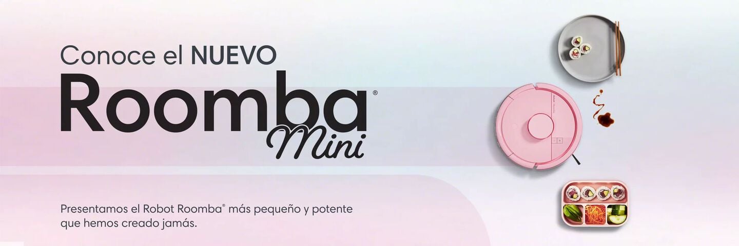 Conoce el nuevo Roomba Mini, nuestro robot m&aacute;s peque&ntilde;o y potente hasta la fecha. Roomba Mini rosa junto a un plato y una caja bento