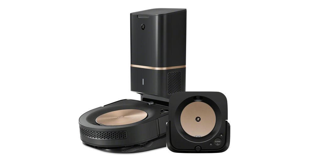 Robots Roomba s9+ y m6 negros con base