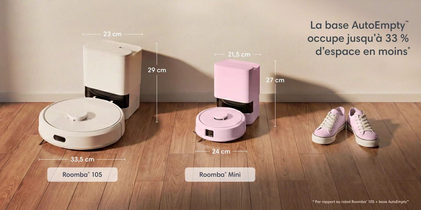 La base base AutoEmpty&trade; prend 33&nbsp;% moins de place, Roomba&nbsp;105 &agrave; c&ocirc;t&eacute; du Roomba Mini