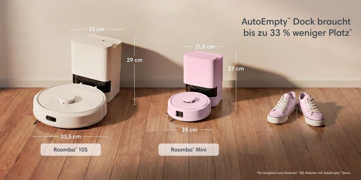 Das AutoEmpty Dock ben&ouml;tigt 33&nbsp;% weniger Platz, Roomba&nbsp;105 neben Roomba Mini